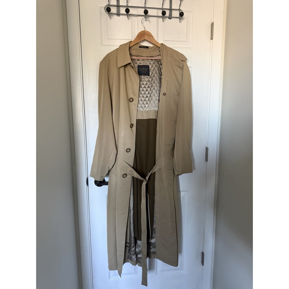 Mens Sanyo Khaki Belt Trench Coat Size R40 Wool Liner Minimalist Luxury